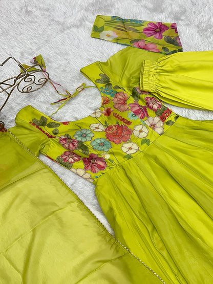 Black & Cream Organza Silk Floral Anarkali Suit with Handwork Dupatta & Ready Pant