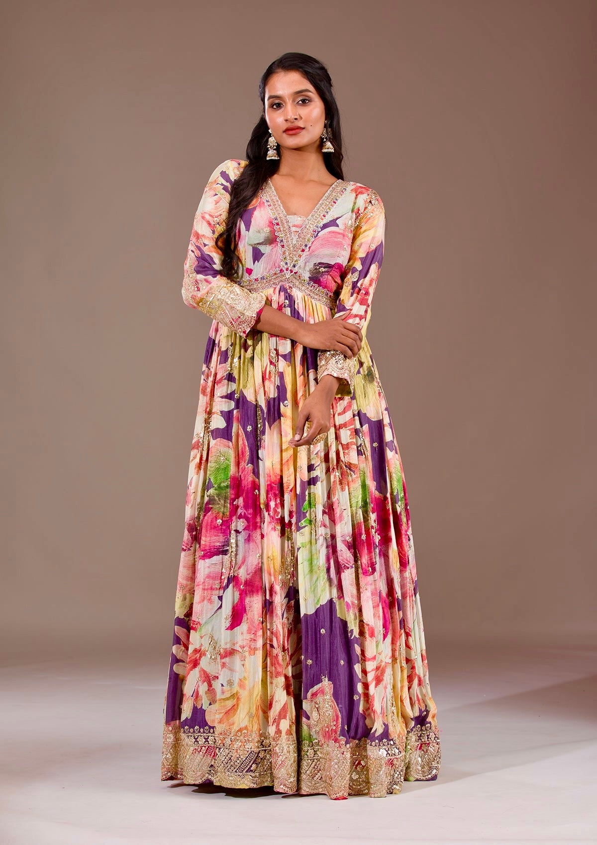 Designer Chinon Silk Digital Floral Printed Gown with Mirror Work Dupatta
