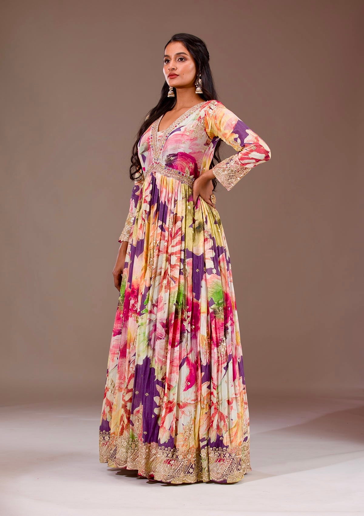 Designer Chinon Silk Digital Floral Printed Gown with Mirror Work Dupatta