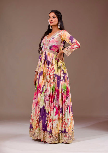 Designer Chinon Silk Digital Floral Printed Gown with Mirror Work Dupatta