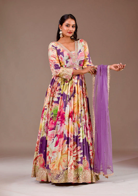 Designer Chinon Silk Digital Floral Printed Gown with Mirror Work Dupatta
