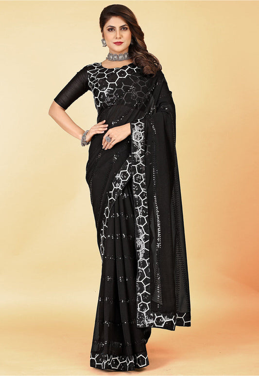Heavy Georgette Embroidered Saree with Fancy Lace Border & Banglory Silk Blouse