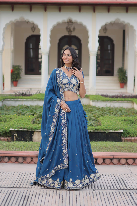 Vichitra Silk Lehenga Choli with Heavy Sequins Embroidery & Designer Lace Dupatta