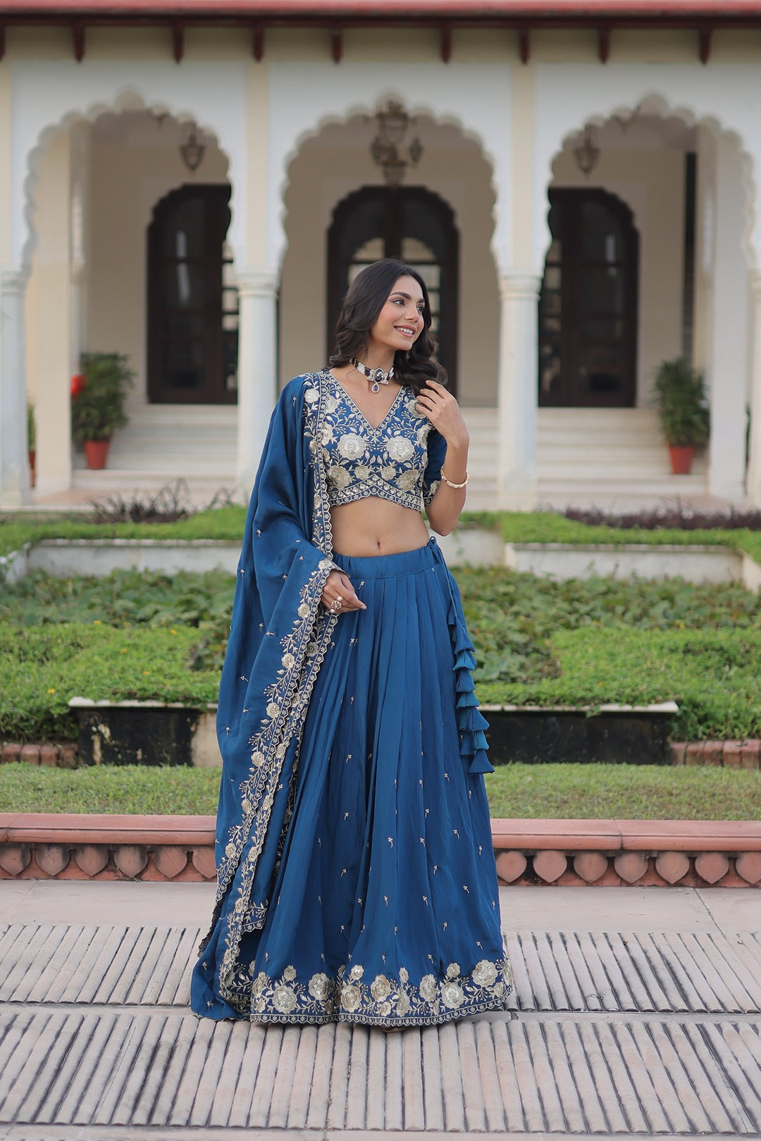Vichitra Silk Lehenga Choli with Heavy Sequins Embroidery & Designer Lace Dupatta