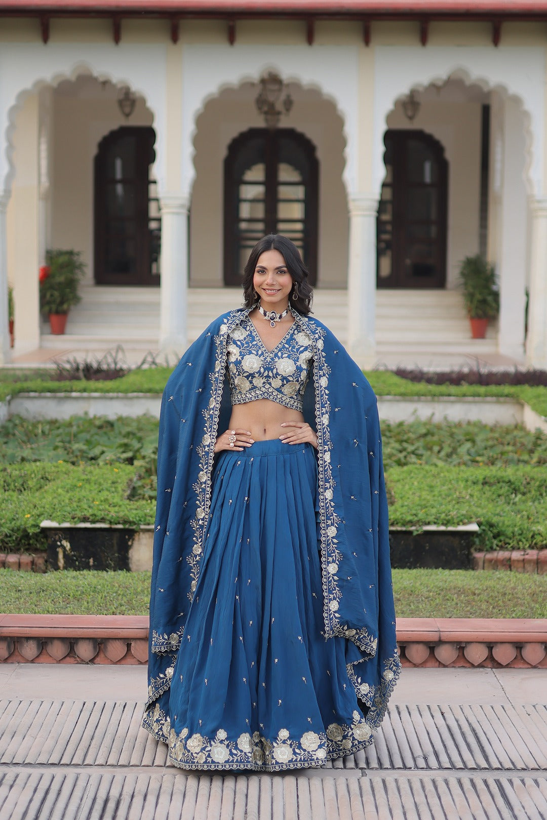 Vichitra Silk Lehenga Choli with Heavy Sequins Embroidery & Designer Lace Dupatta
