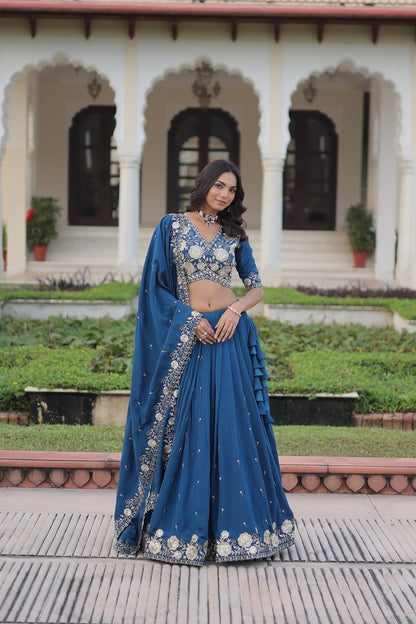 Vichitra Silk Lehenga Choli with Heavy Sequins Embroidery & Designer Lace Dupatta