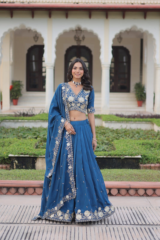 Vichitra Silk Lehenga Choli with Heavy Sequins Embroidery & Designer Lace Dupatta