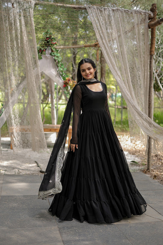 Elegant Faux Blooming Embroidered Gown with Designer Dupatta – Party & Festive Wear