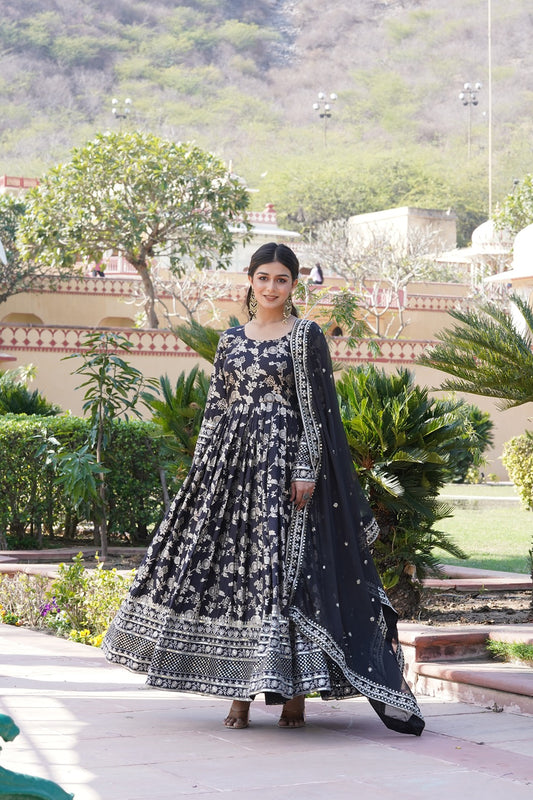 Viscose Jacquard Embroidered Gown with Russian Silk Dupatta