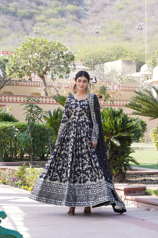 Viscose Jacquard Embroidered Gown with Russian Silk Dupatta