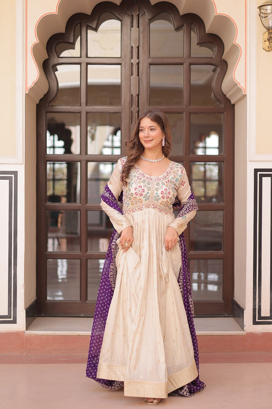 Cosmos Jacquard Pearl Embroidered Gown with Bandhani Cut-Work Dupatta