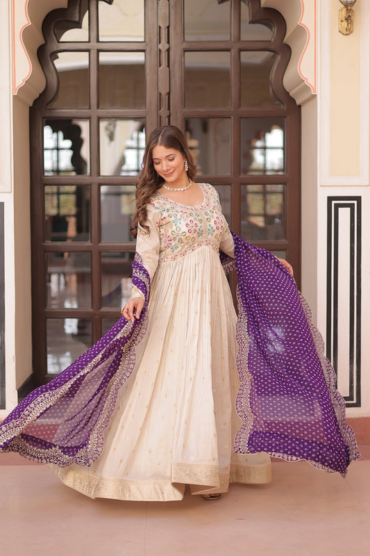 Cosmos Jacquard Pearl Embroidered Gown with Bandhani Cut-Work Dupatta