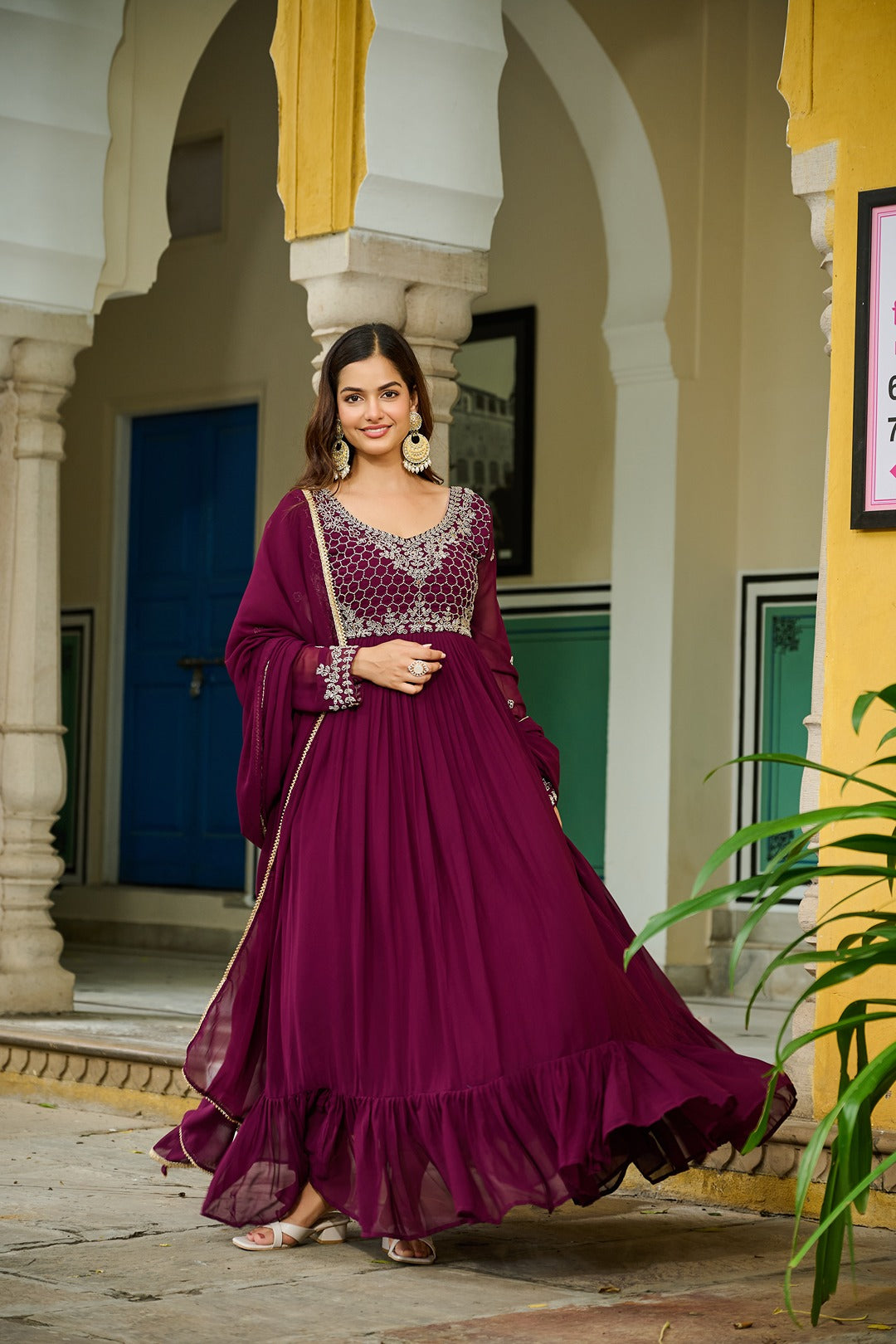 Beaded Faux Blooming Designer Gown with Elegant Dupatta