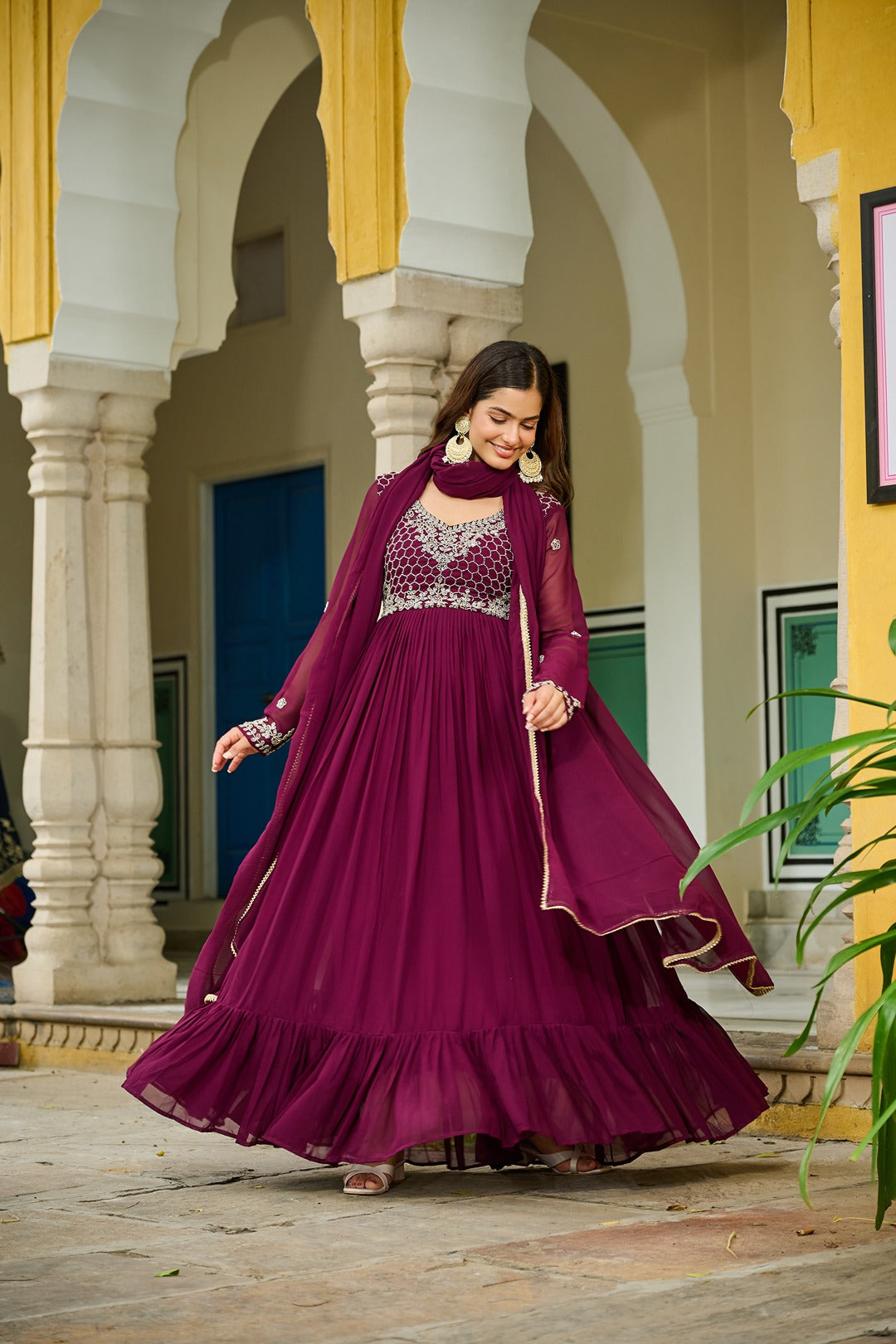Beaded Faux Blooming Designer Gown with Elegant Dupatta