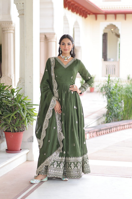 Vichitra Silk Sequins & Zari Embroidered Festive Gown with Designer Dupatta