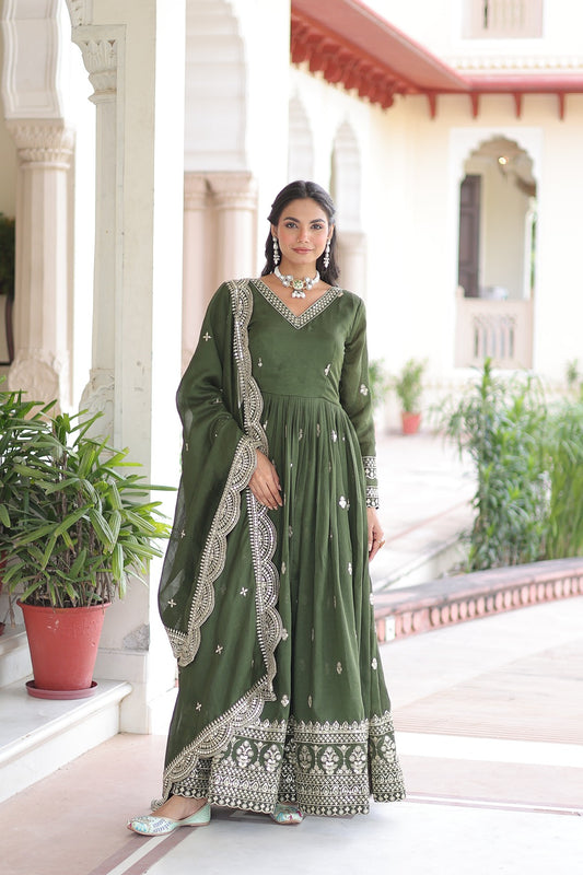 Vichitra Silk Sequins & Zari Embroidered Festive Gown with Designer Dupatta