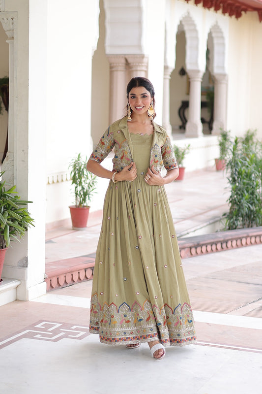 Vichitra Silk Sequins & Zari Embroidered Gown with Designer Koti