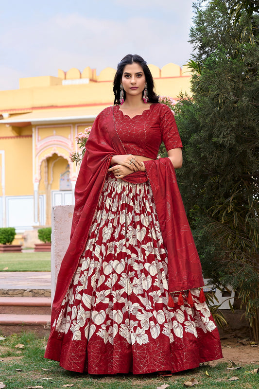 Tussar Silk Floral Foil Print Lehenga Choli with Tassel Dupatta – Red Festive & Wedding Wear