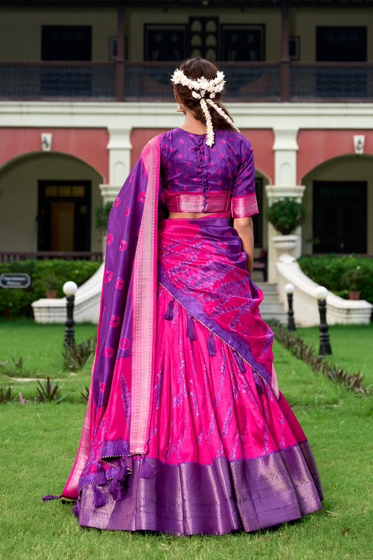 Shibori Print Dola Silk Lehenga Choli with Zari Border – RAASHI Collection