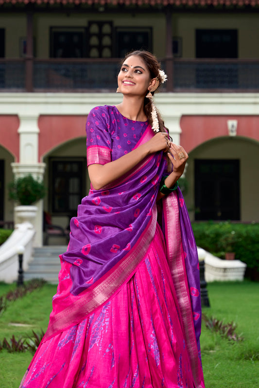 Shibori Print Dola Silk Lehenga Choli with Zari Border – RAASHI Collection