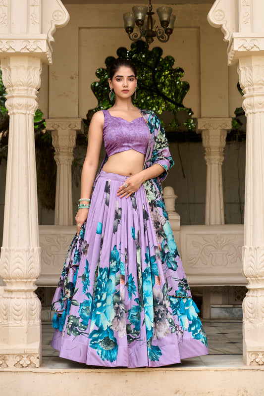 Tasar Silk Floral Print Lehenga Choli with Lace Detailing & Tassel Dupatta – PDLNB1225LUV