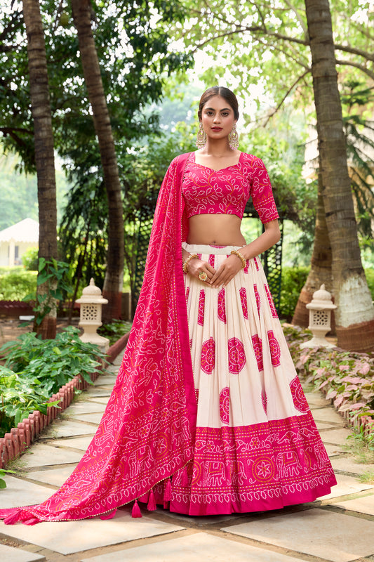Tussar Silk Bandhej Print Lehenga Choli with Tassel Dupatta