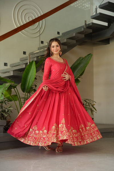 Pink Chinon Gown With Embroidery Dupatta