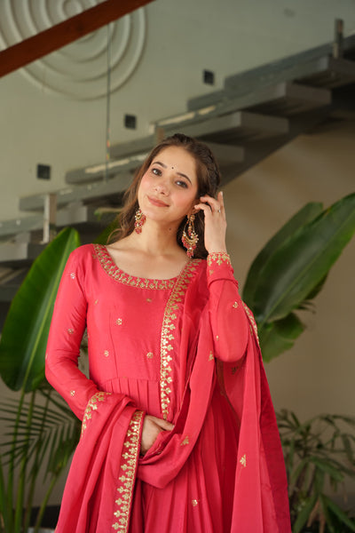 Pink Chinon Gown With Embroidery Dupatta