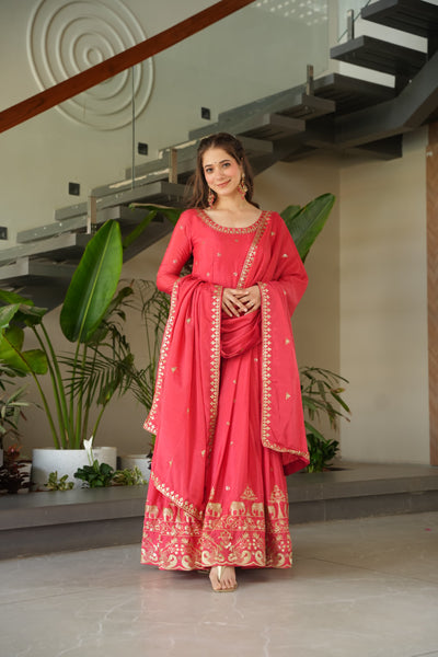Pink Chinon Gown With Embroidery Dupatta
