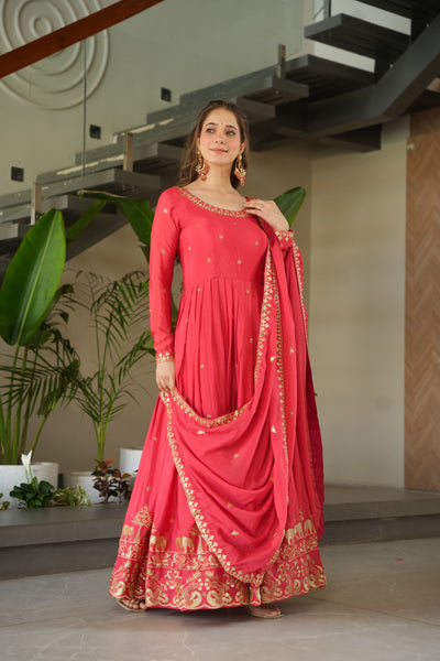 Pink Chinon Gown With Embroidery Dupatta