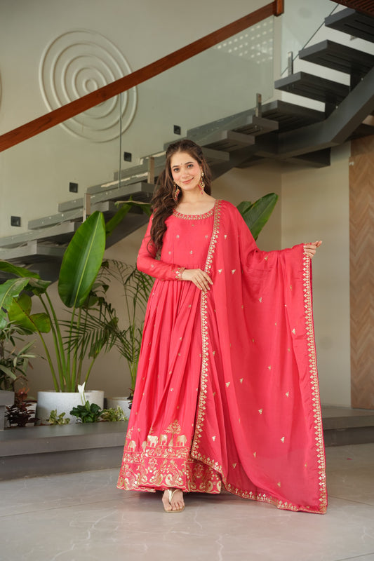 Pink Chinon Gown With Embroidery Dupatta