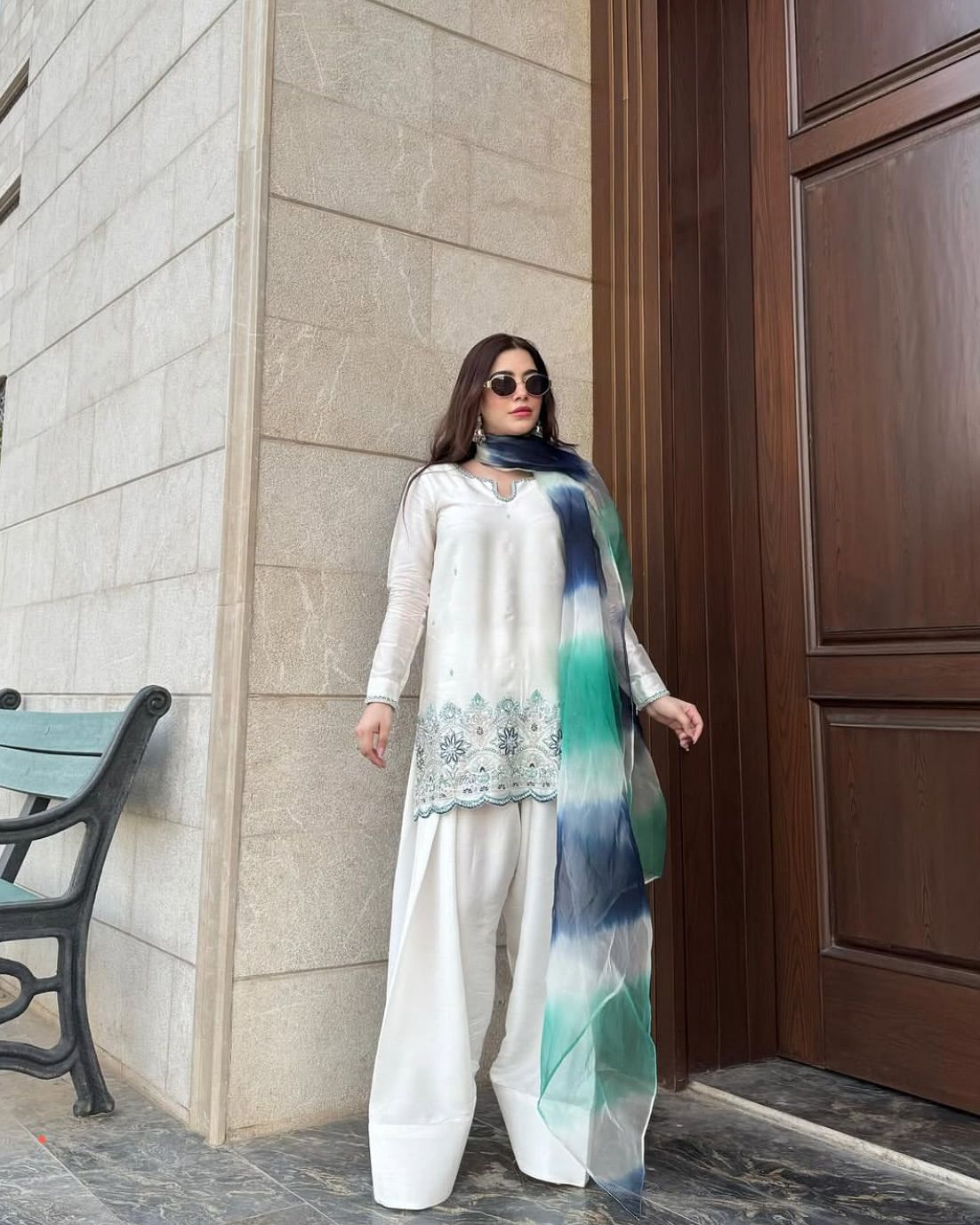 White Roman Silk Salwar Suit With Printed Dupatta