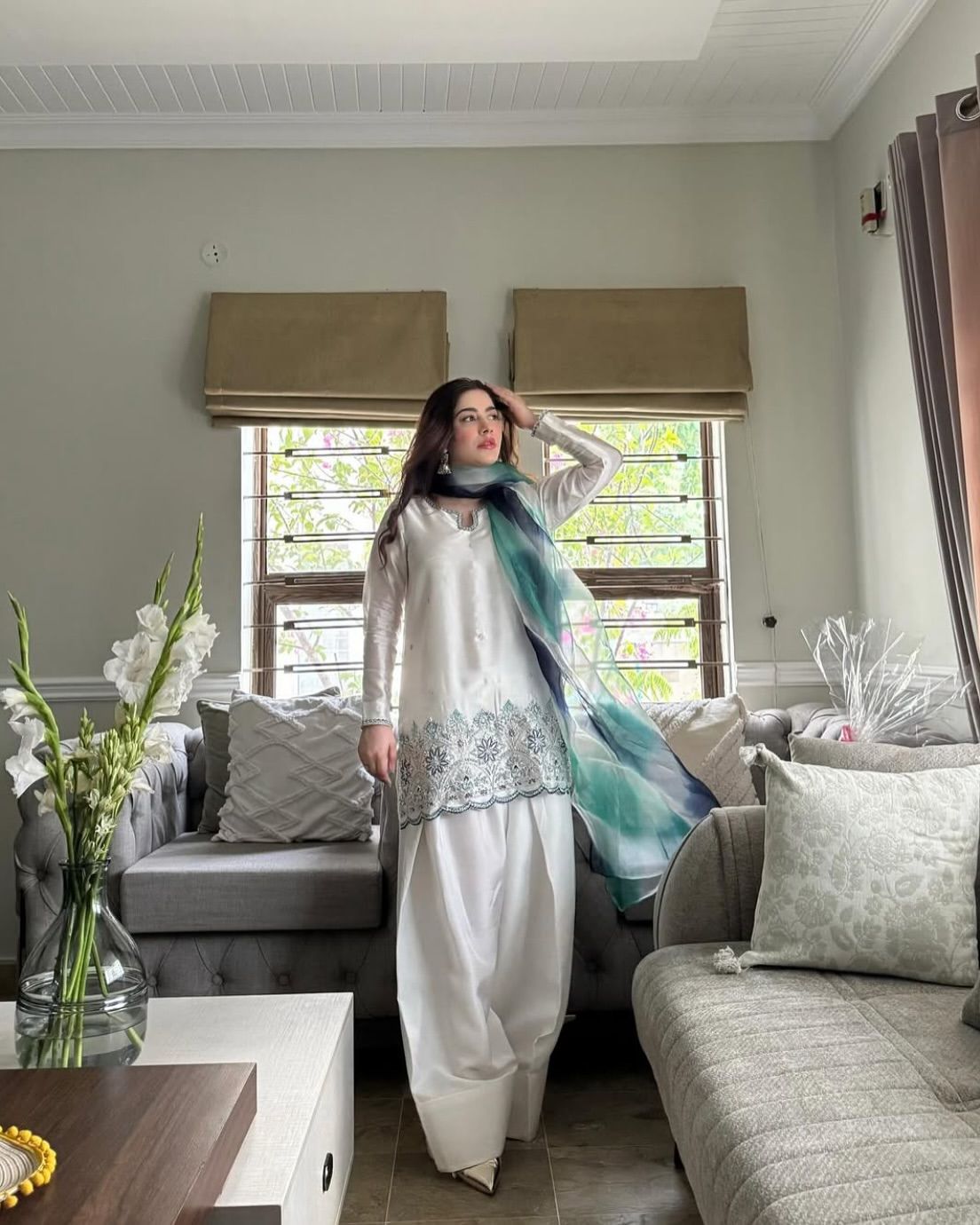 White Roman Silk Salwar Suit With Printed Dupatta