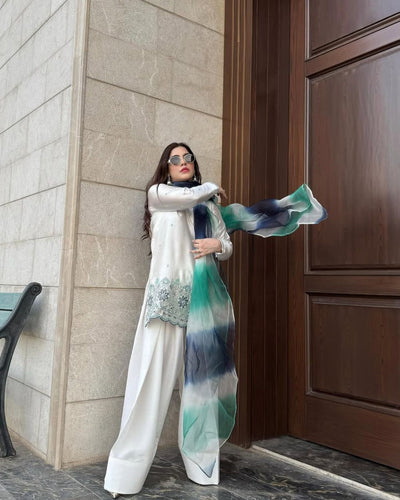 White Roman Silk Salwar Suit With Printed Dupatta