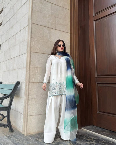 White Roman Silk Salwar Suit With Printed Dupatta