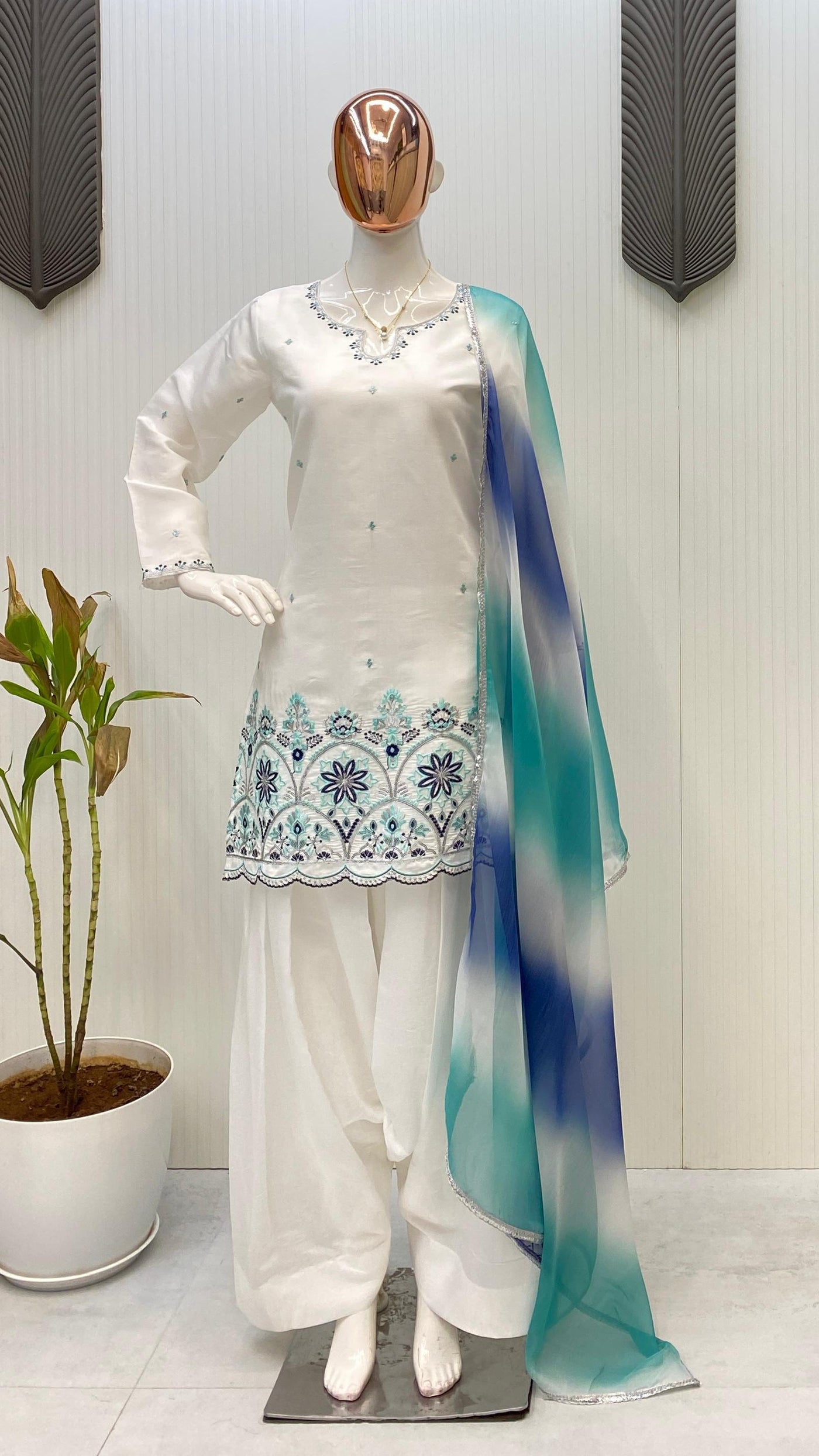 White Roman Silk Salwar Suit With Printed Dupatta