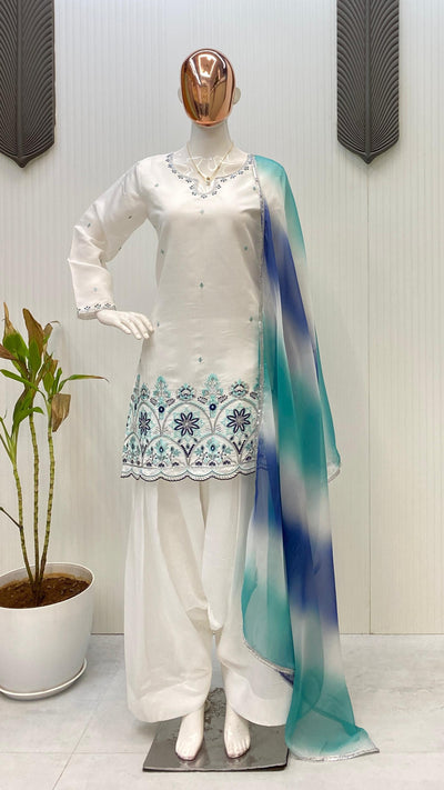 White Roman Silk Salwar Suit With Printed Dupatta