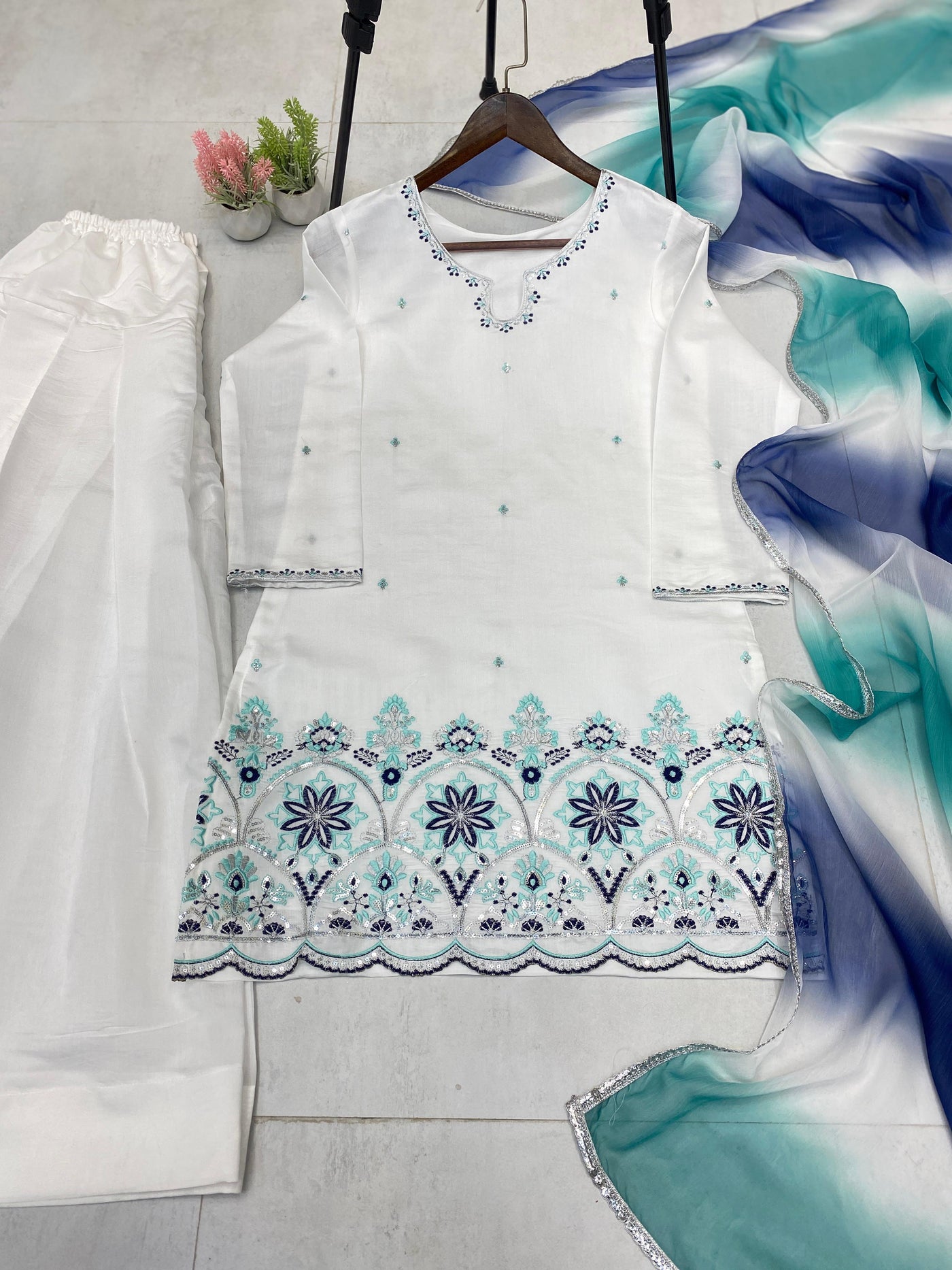 White Roman Silk Salwar Suit With Printed Dupatta