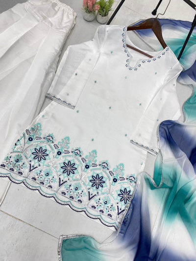 White Roman Silk Salwar Suit With Printed Dupatta