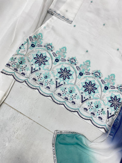 White Roman Silk Salwar Suit With Printed Dupatta