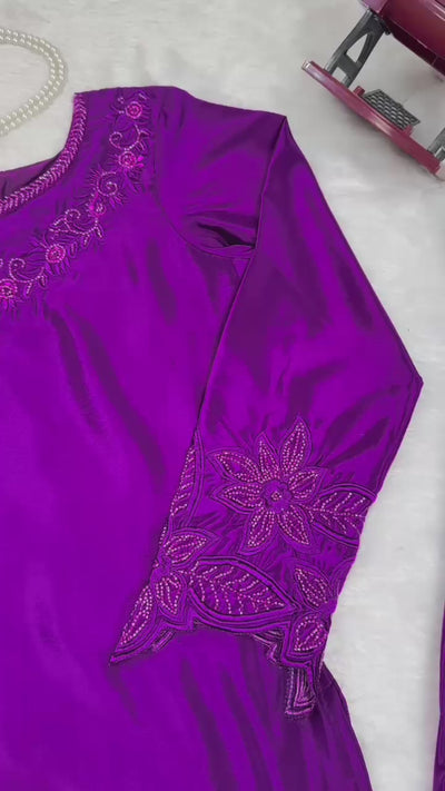 Elegant Beaded Natural Crepe Suit Set With Farshi Salwar & Net Dupatta