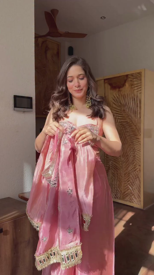 Pink Silk Sharara Suit With Mirror And Gold Lace Work 🎀