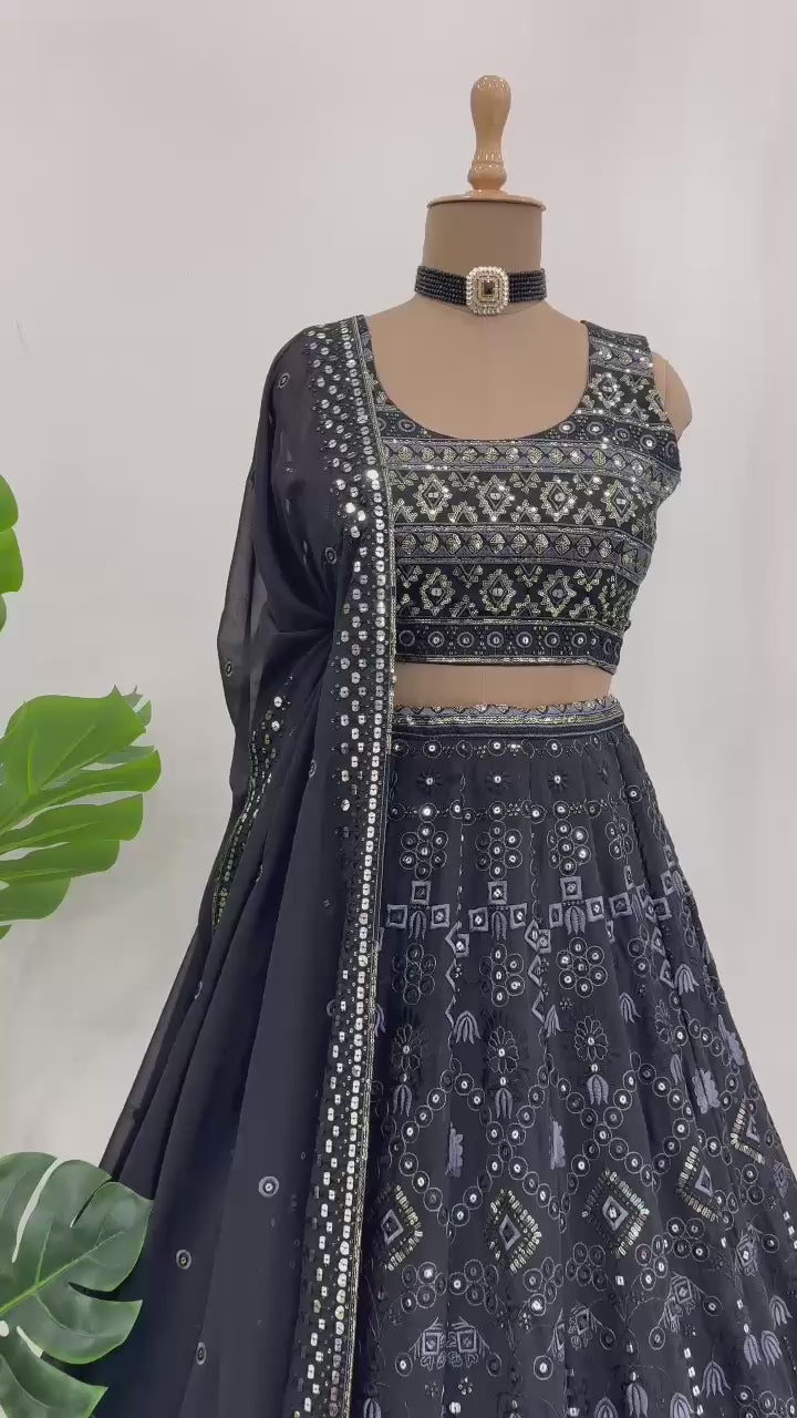 Black Faux Georgette Lehenga With Heavy Blouse And Dupatta