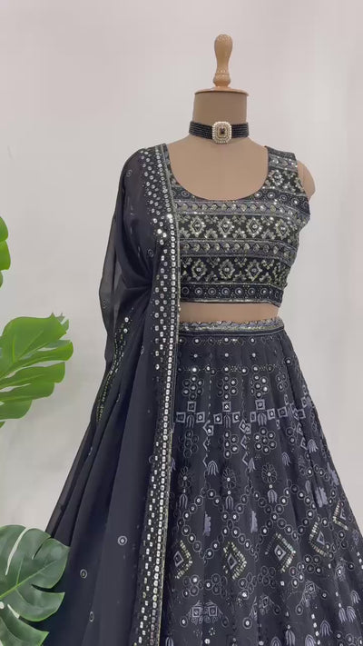 Black Faux Georgette Lehenga With Heavy Blouse And Dupatta