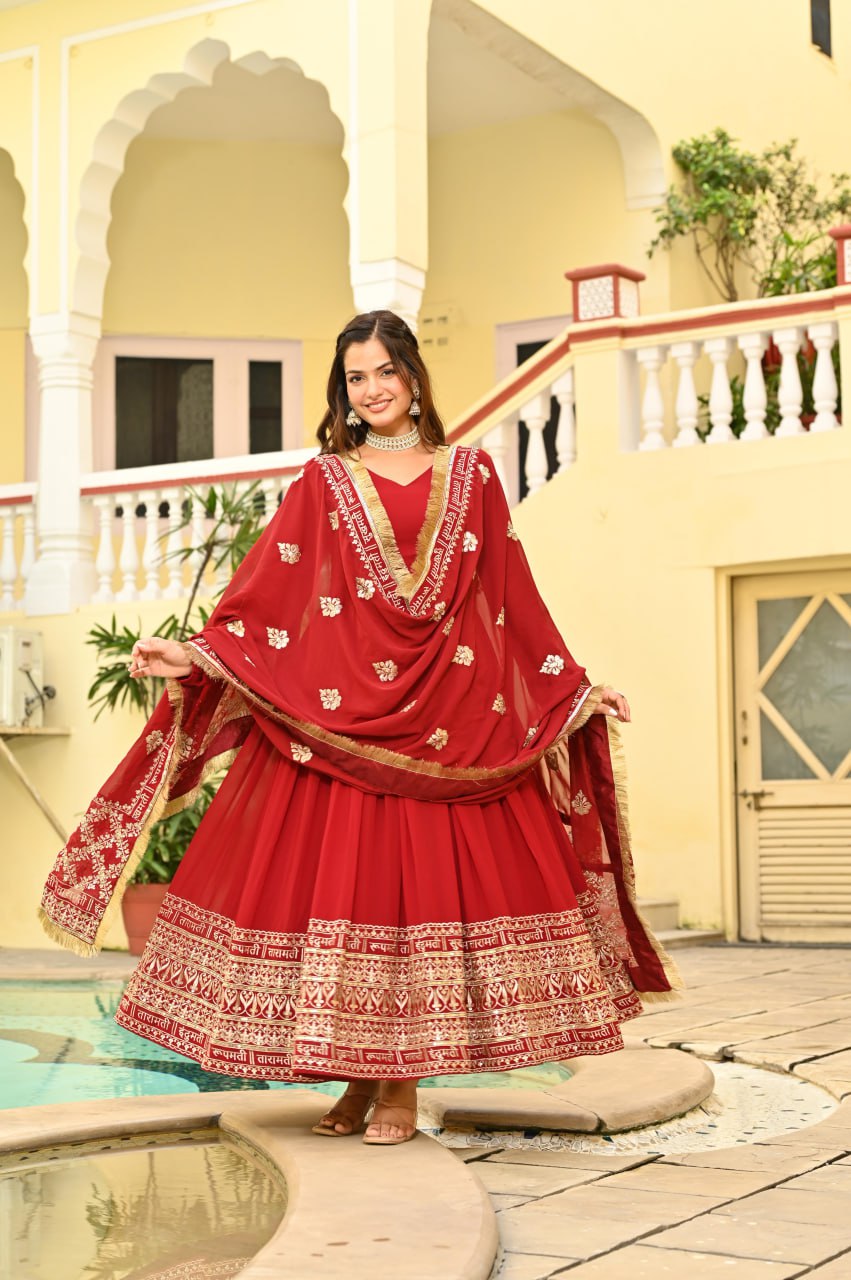 Red Anarkali Suit With Embroidery And Dupatta