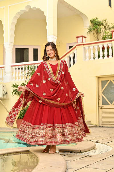 Red Anarkali Suit With Embroidery And Dupatta
