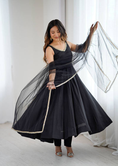 Black Anarkali Suit With Golden Border Dupatta