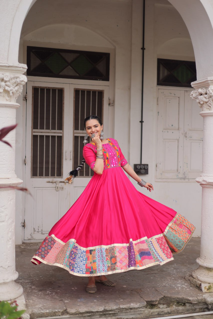 Gamthi Mirror Work Anarkali Gown With Multicolor Kutchi Patch Border