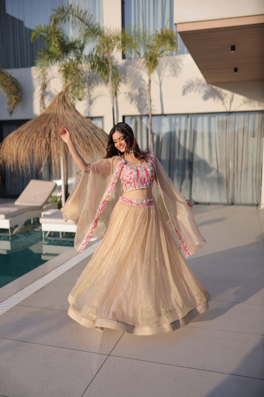Dusty Pink Sequined Embroidered Lehenga Set With Beads Work Blouse