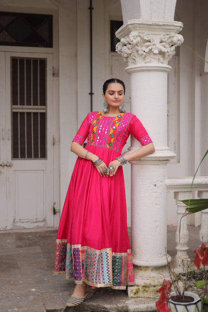 Gamthi Mirror Work Anarkali Gown With Multicolor Kutchi Patch Border